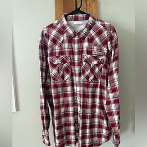 Columbia PFG Shirt Mens Large Red Plaid Snap Long Sleeve Vented Fishing Outdoor